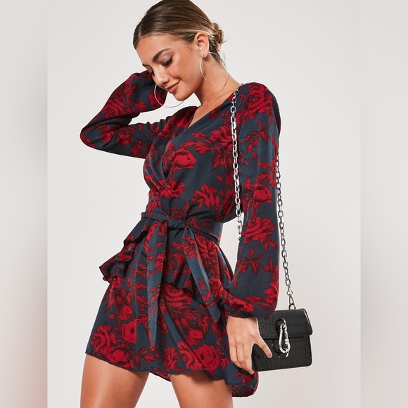 Missguided Dresses & Skirts - MISSGUIDED | Red Floral Frill Mini Dress Sz 6 US